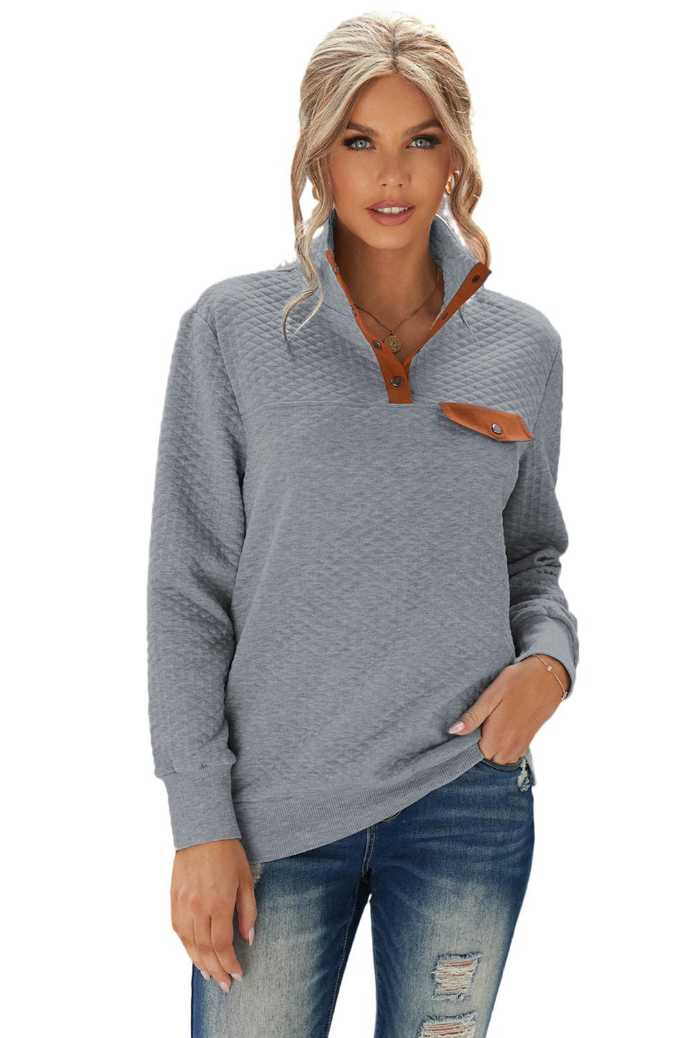 Gray Quilted Snaps Stand Neck Pullover Sweatshirt