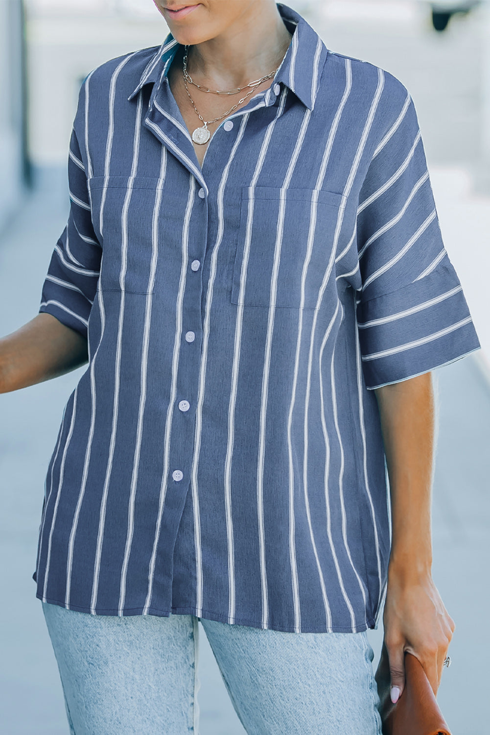 Blue Pocketed Striped Shirt