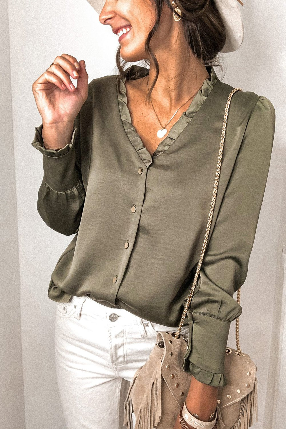 Frilled V Neckline Buttoned French Shirt