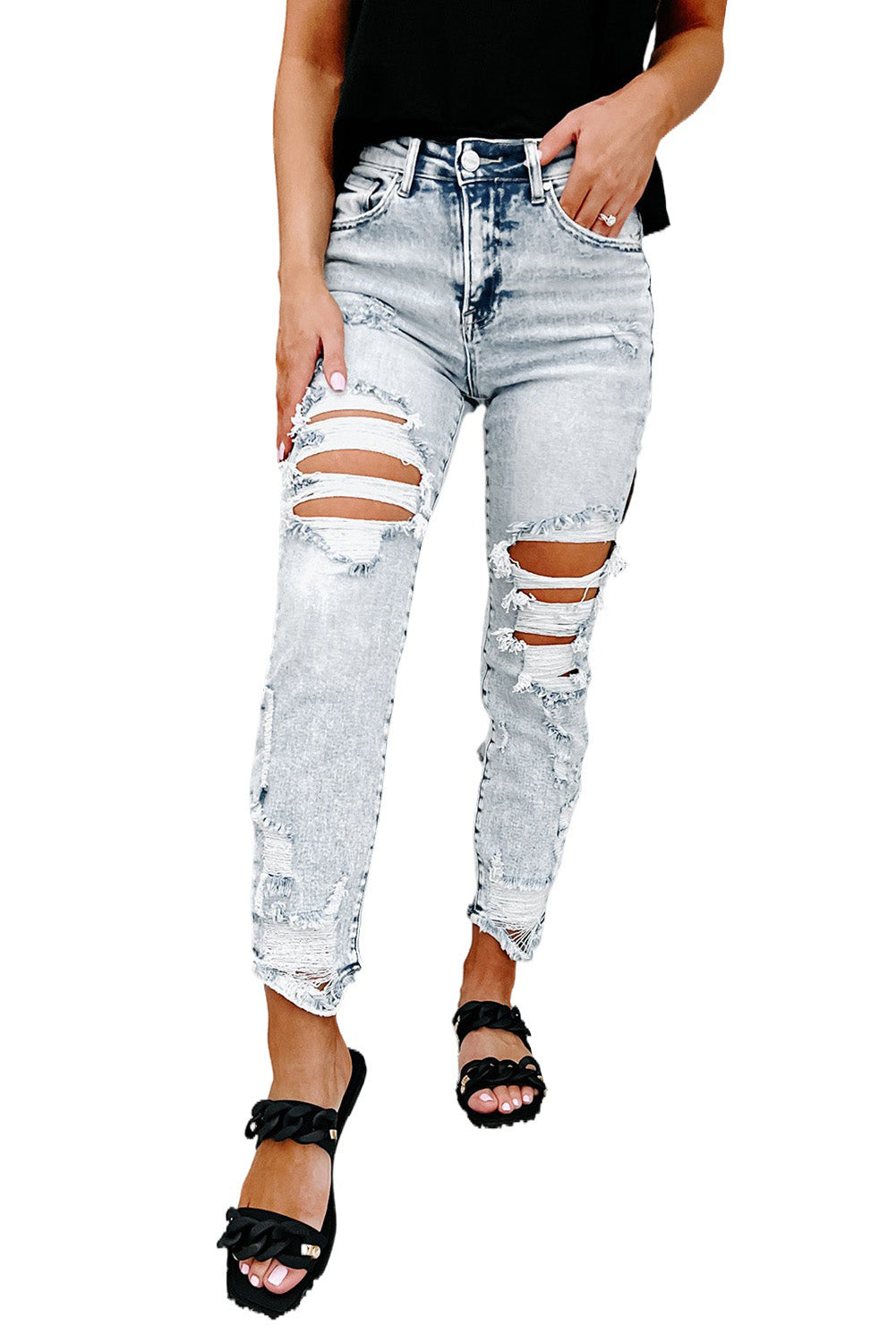 Sky Blue Vintage Washed Heavy Destroyed Skinny Jeans - Craze Trends