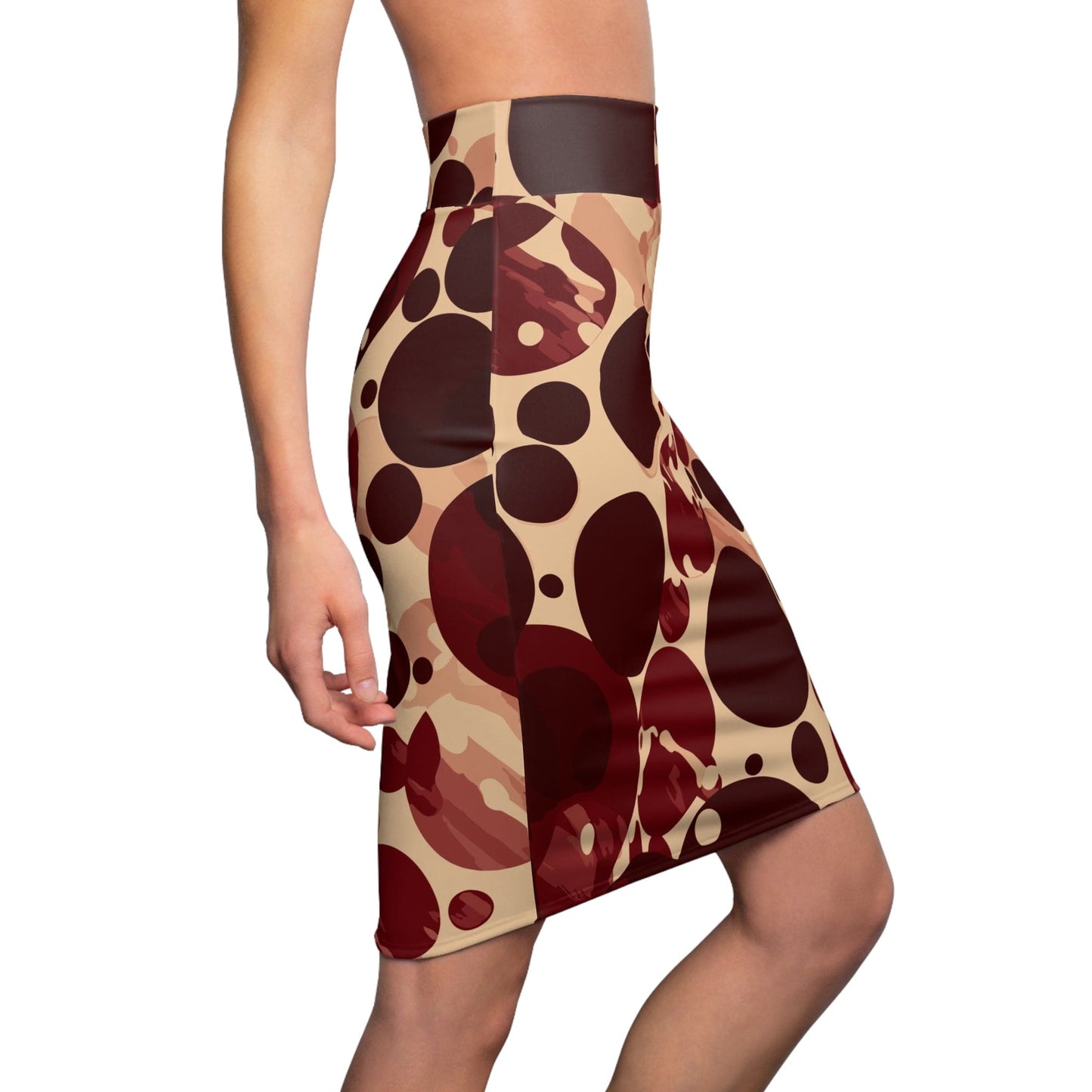 High Waist Womens Pencil Skirt - Contour Stretch - Burgundy And Beige - Craze Trends