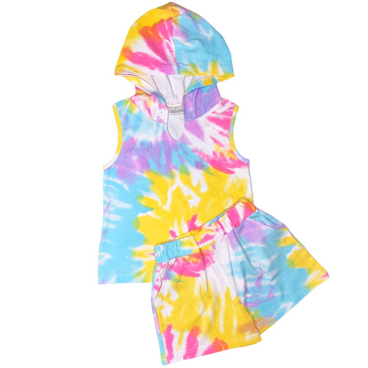 AnnLoren Girls Candy Pastel Tie Dye Cotton Hoodie Tank and Shorts Set - Craze Trends