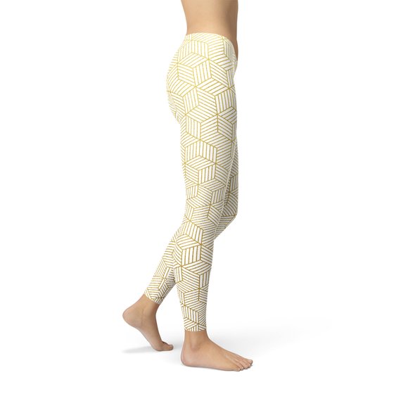 Womens White Leggings w/ Geometric Cubes - Craze Trends