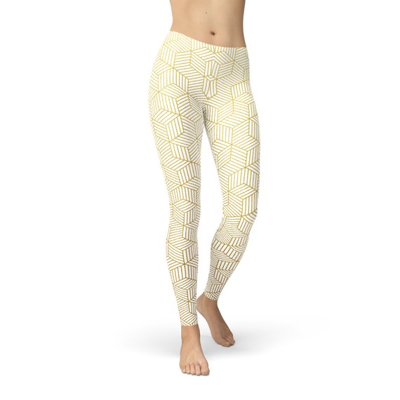 Womens White Leggings w/ Geometric Cubes - Craze Trends