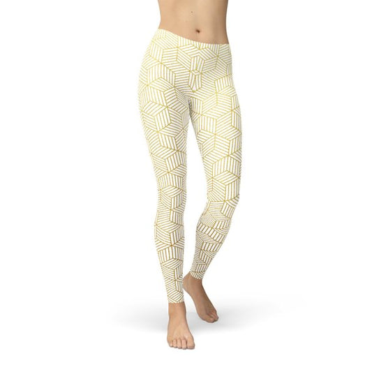 Womens White Leggings w/ Geometric Cubes - Craze Trends