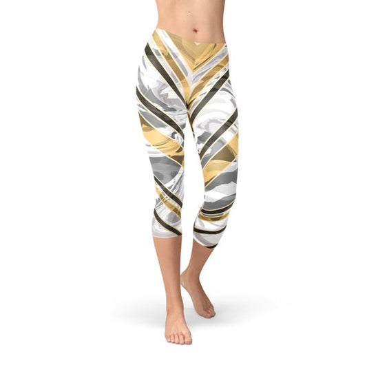 White Marble w/ Black Gold Lines Capri Leggings - Craze Trends