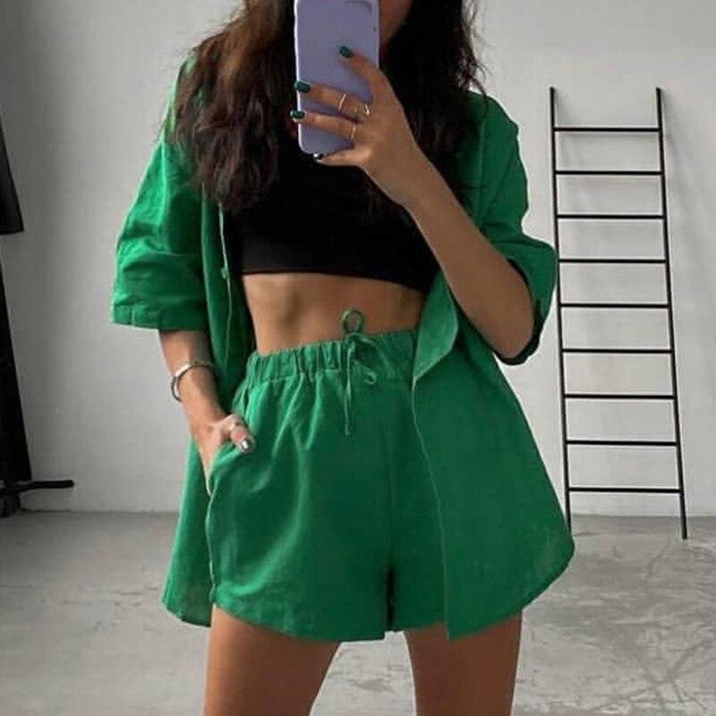 Summer Casual Shorts Suits Green Streetwear Short Sleeve Shirt 2 piece - Craze Trends