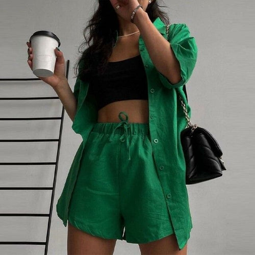 Summer Casual Shorts Suits Green Streetwear Short Sleeve Shirt 2 piece - Craze Trends