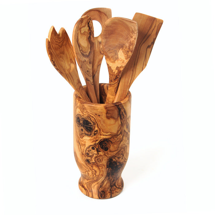 Olive Wood Kitchen Servers Set w/Holder -6 Pcs - Craze Trends