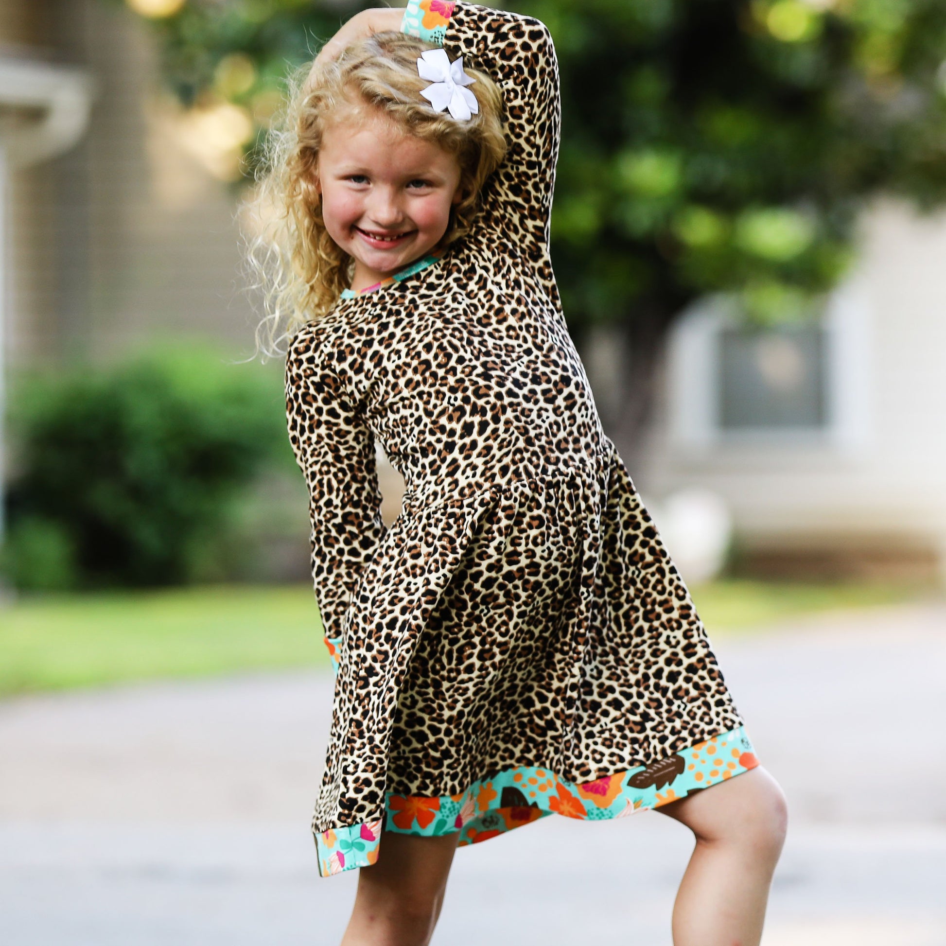 AnnLoren Little & Big Girls Long Sleeve Leopard Rose Fall Floral Dress - Craze Trends