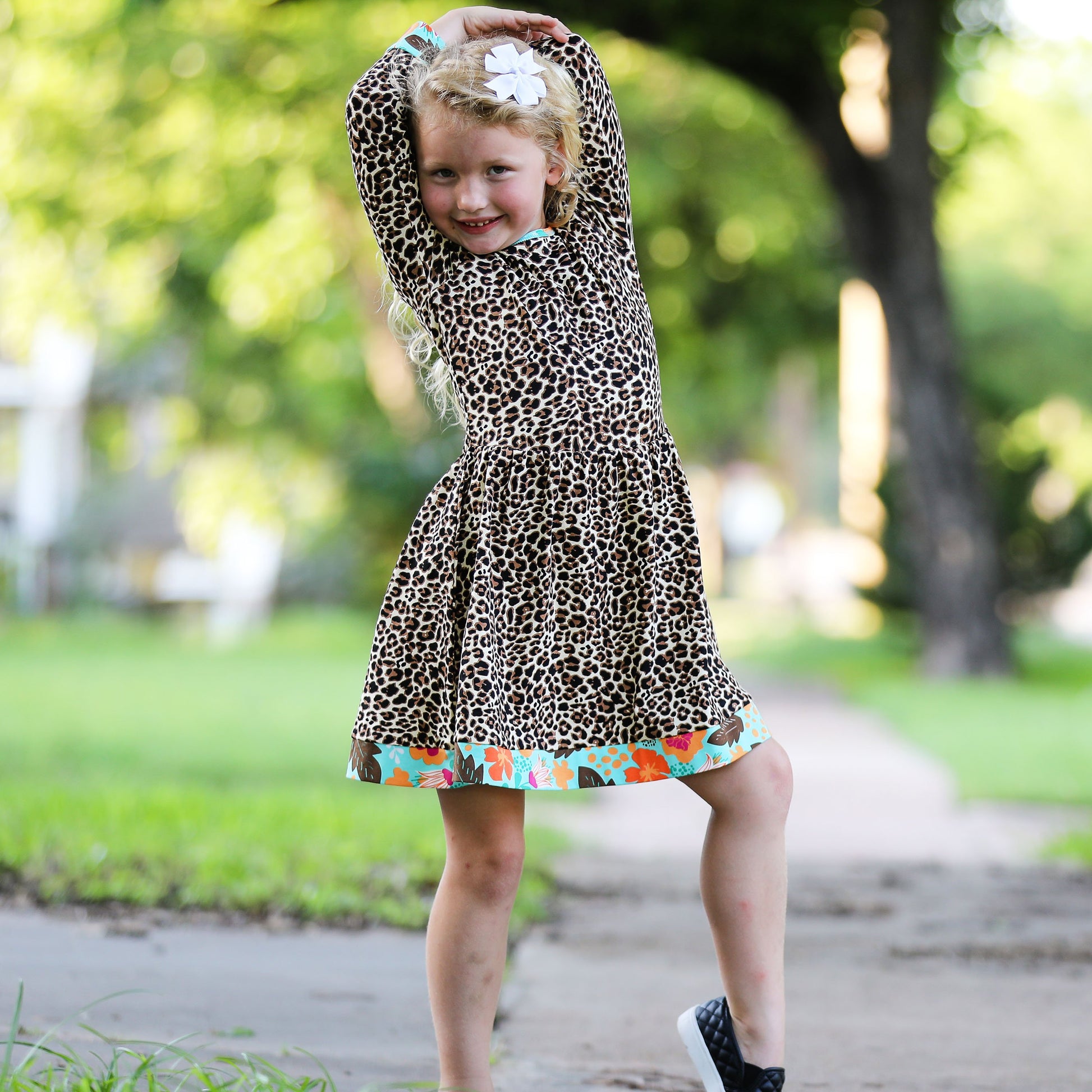 AnnLoren Little & Big Girls Long Sleeve Leopard Rose Fall Floral Dress - Craze Trends