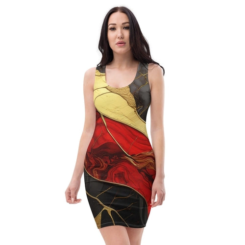 Womens Stretch Fit Bodycon Dress, Brick Red Pattern Black And Gold