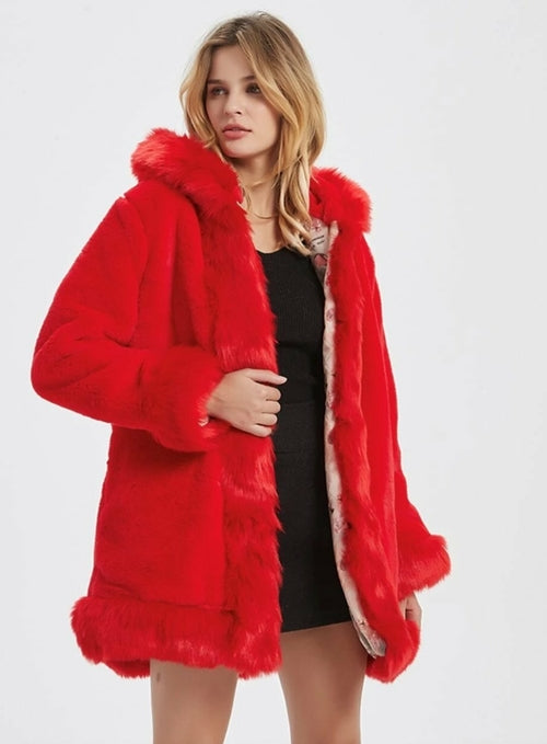 Womens Hooded Faux Fur Collar Coat - Craze Trends