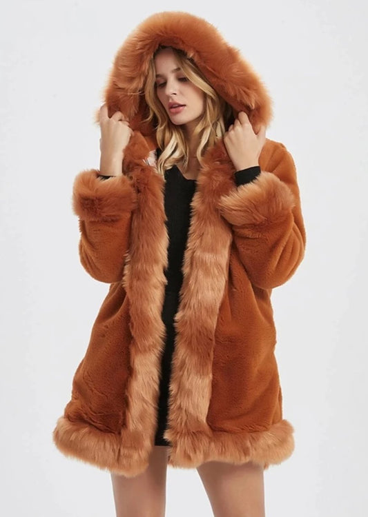 Womens Hooded Faux Fur Collar Coat - Craze Trends